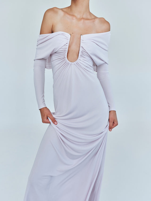 Arced Palm Strapless Shawl Gown
