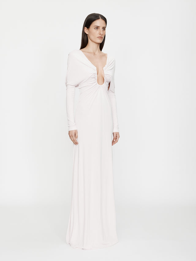 Arced Palm Strapless Shawl Gown