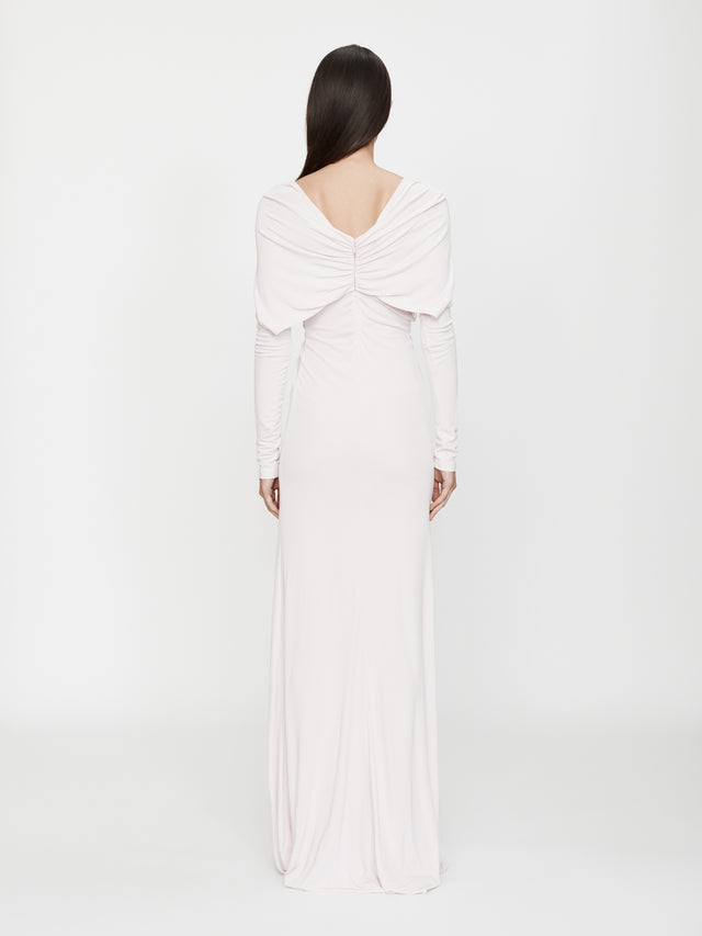 Arced Palm Strapless Shawl Gown