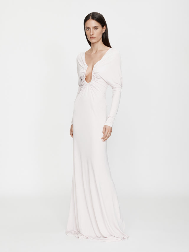 Arced Palm Strapless Shawl Gown