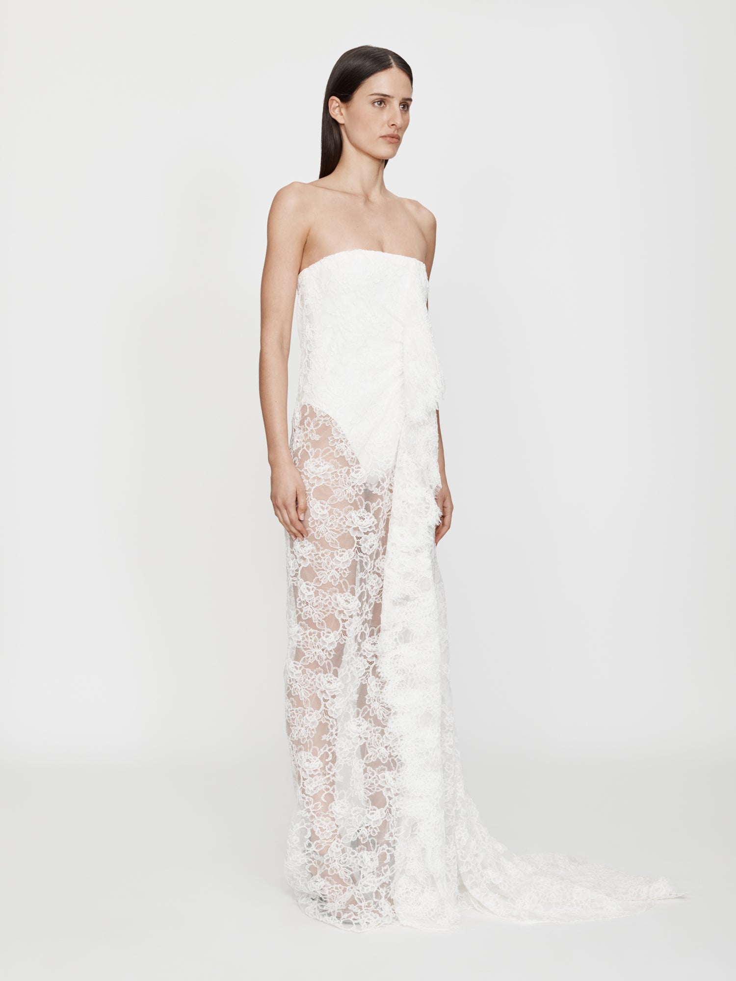 Floating Lace Strapless Gown