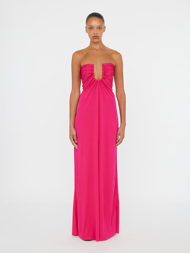 Arced Palm Strapless Dress
