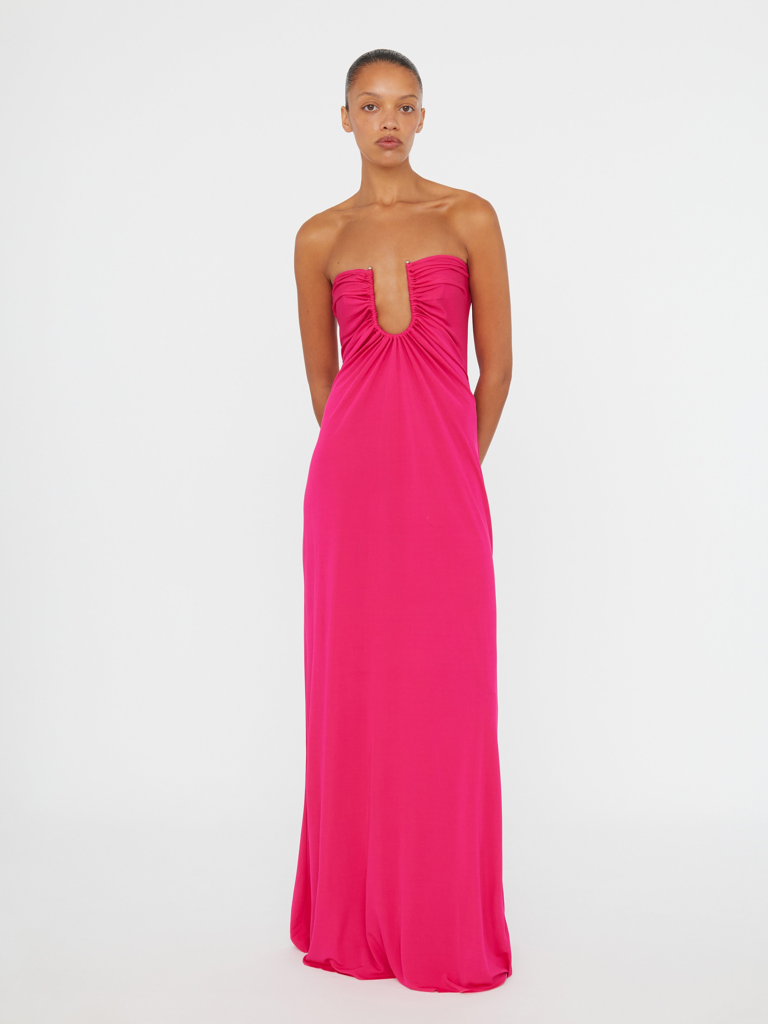 Arced Palm Strapless Dress
