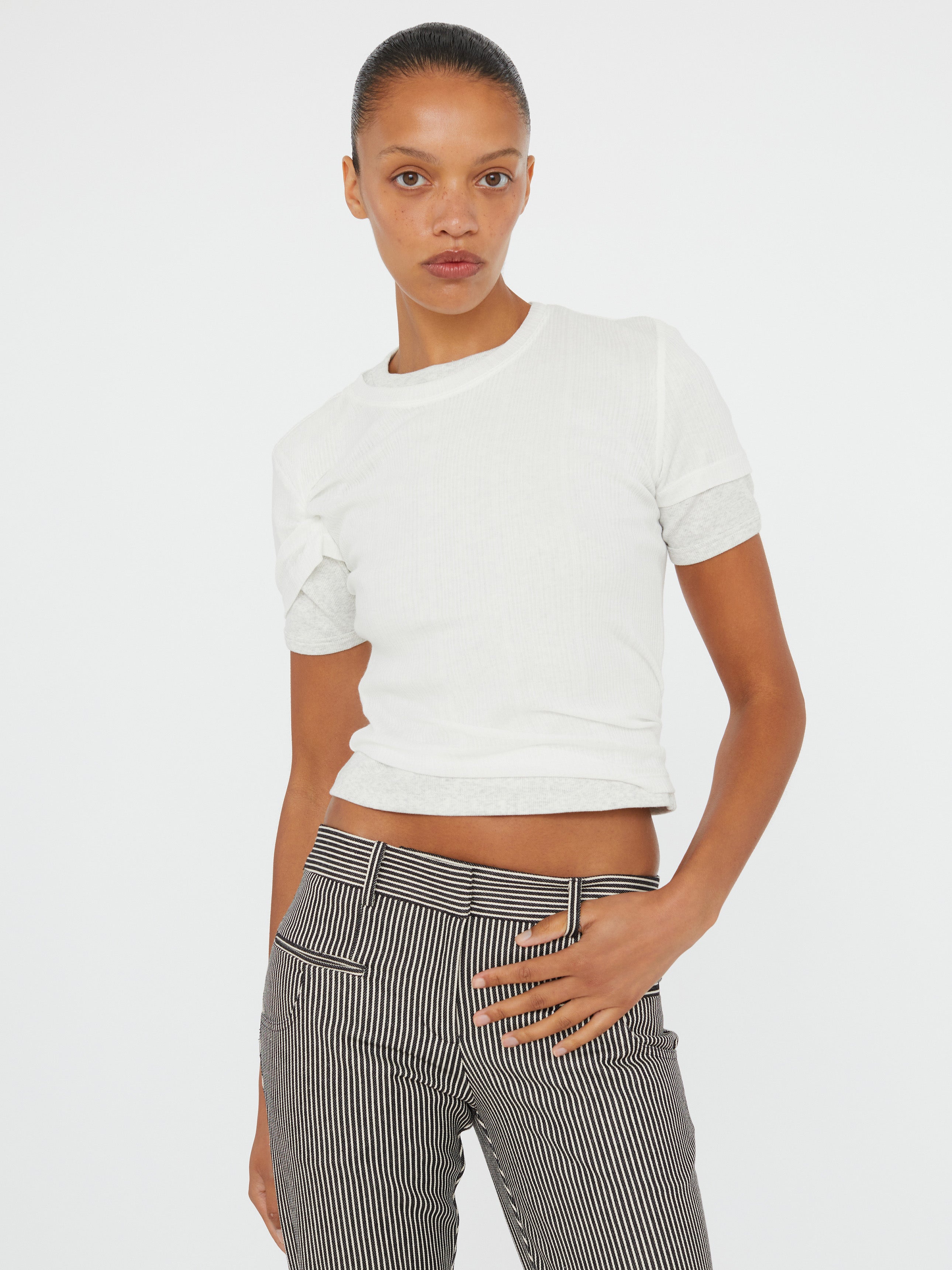 Sheer Ribbed Overlay Loophole Tee
