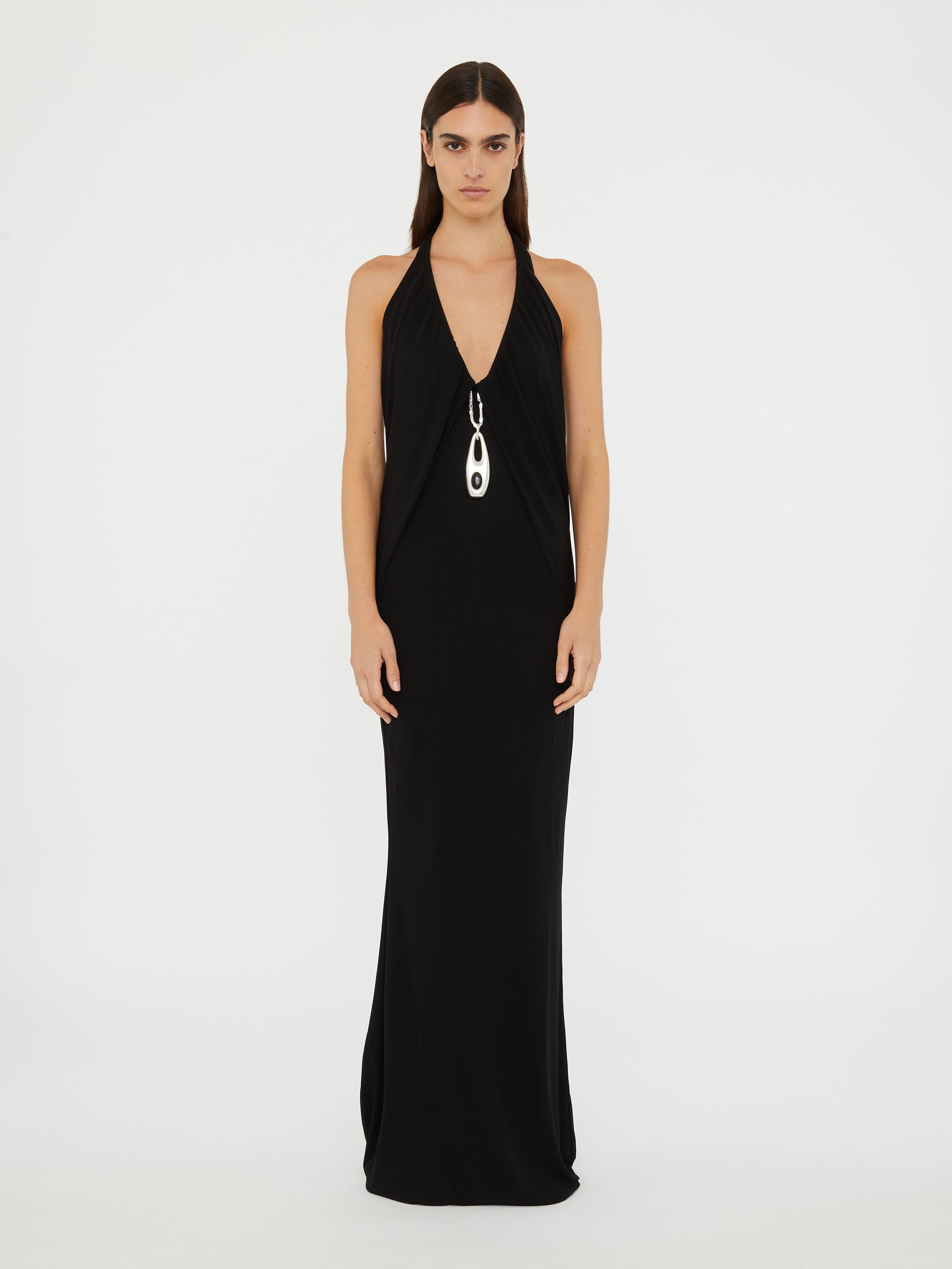 Lavalliere Draped Jersey Halter Sleeve Dress
