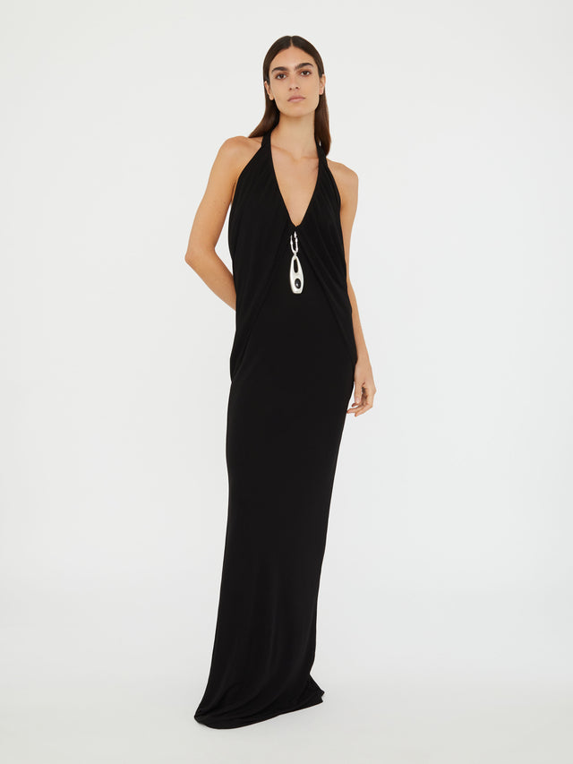 Lavalliere Draped Jersey Halter Sleeve Dress