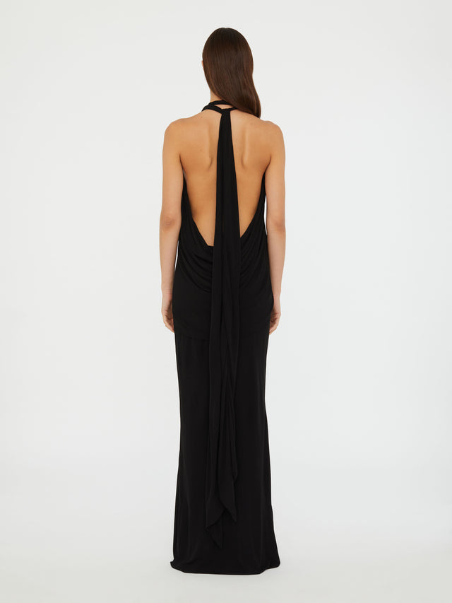 Lavalliere Draped Jersey Halter Sleeve Dress
