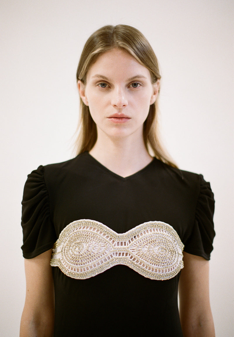 Spring 23 - Jess wears the Crystal Crochet Bra Tee Dress