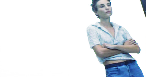 Fall 22 Video stills — Kelsey Martinovich wears the Warped Sequin Polo and Deconstruct Denim Waited Wool Jean