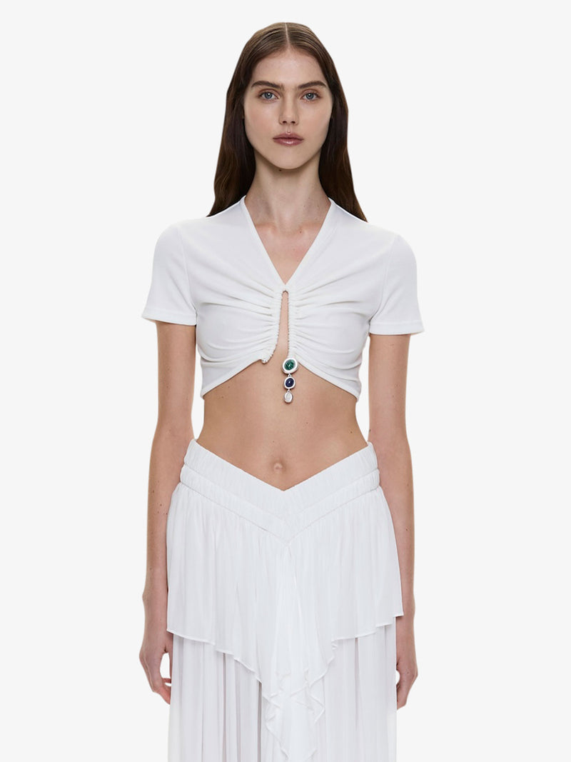 Droplet Crystal Pendant Ruched Tee - Image 1