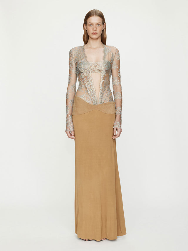 Christopher Esber Spienne Lace Suede Belted Jersey Gown in Size 10 Christopher Esber Spienne Lace Suede Belted Jersey Gown in Size 10