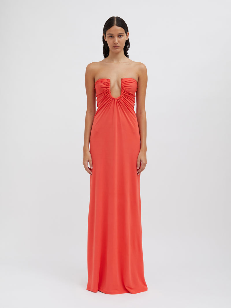 Arced Palm Strapless Dress