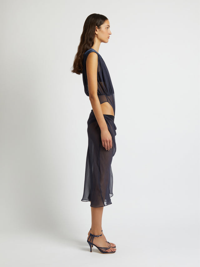 Drifted Silk Drape Tuck Dress