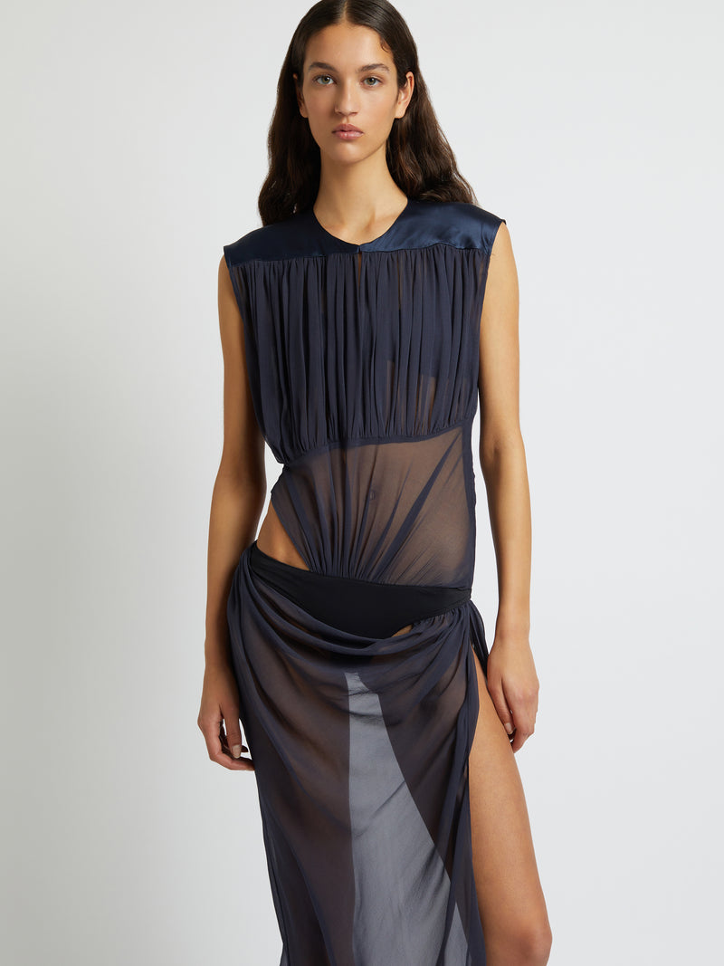 Drifted Silk Drape Tuck Dress