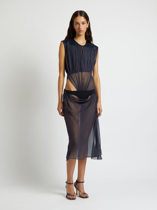 Drifted Silk Drape Tuck Dress