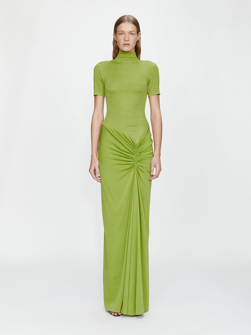christopher esber green dress Shoulderless Cashmere Monument Long sleeve maxi silhouette Ruching at shoulder Christopher Esber Verve Twisted Tank