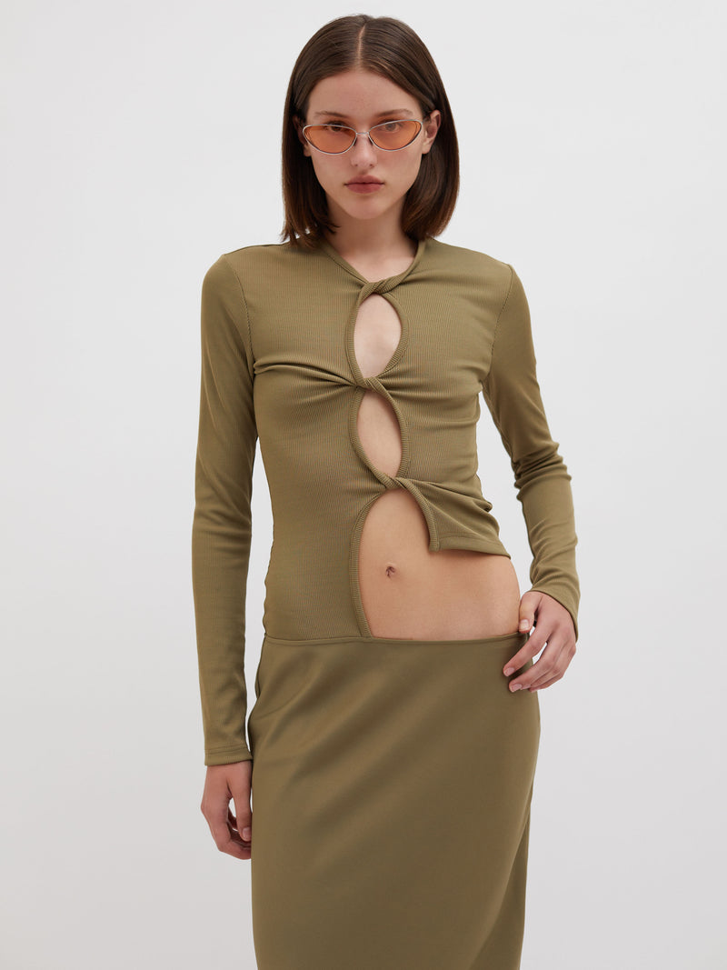 Open Twist Satin Long Sleeve Dress