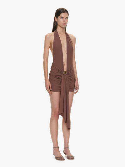 Pierced Orbit Halter Drape Mini Dress