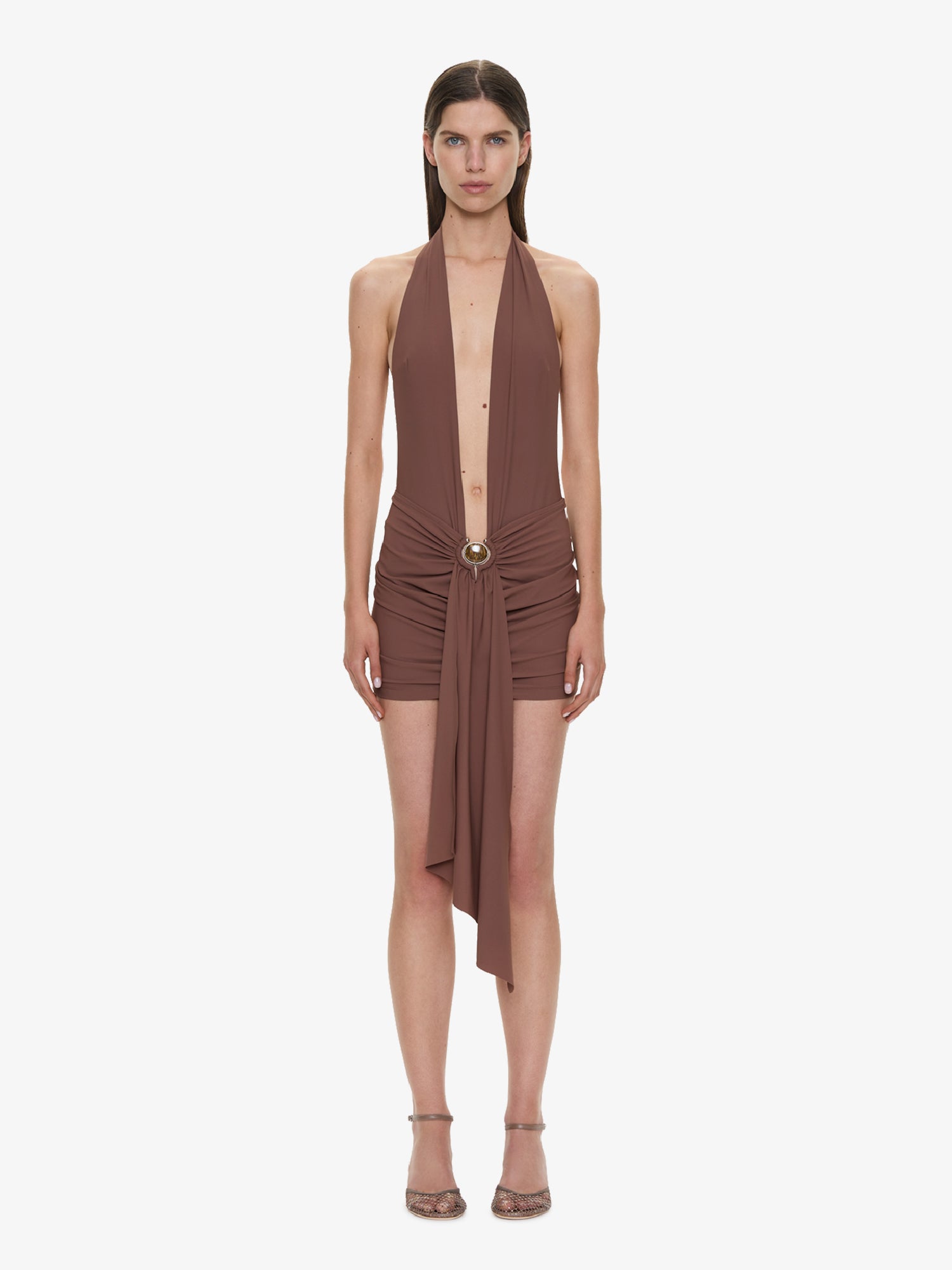 Pierced Orbit Halter Drape Mini Dress
