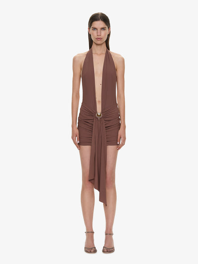 Pierced Orbit Halter Drape Mini Dress