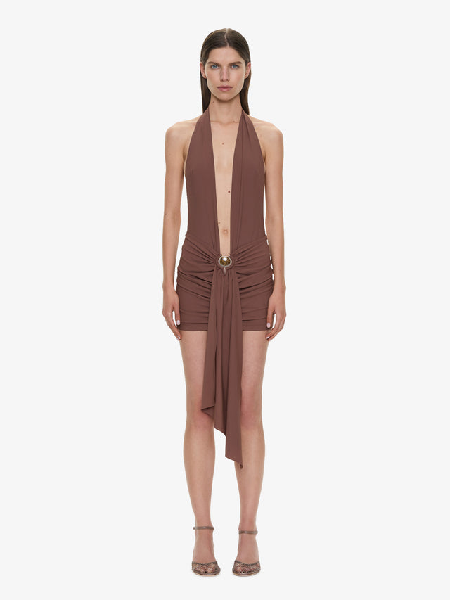 Pierced Orbit Halter Drape Mini Dress