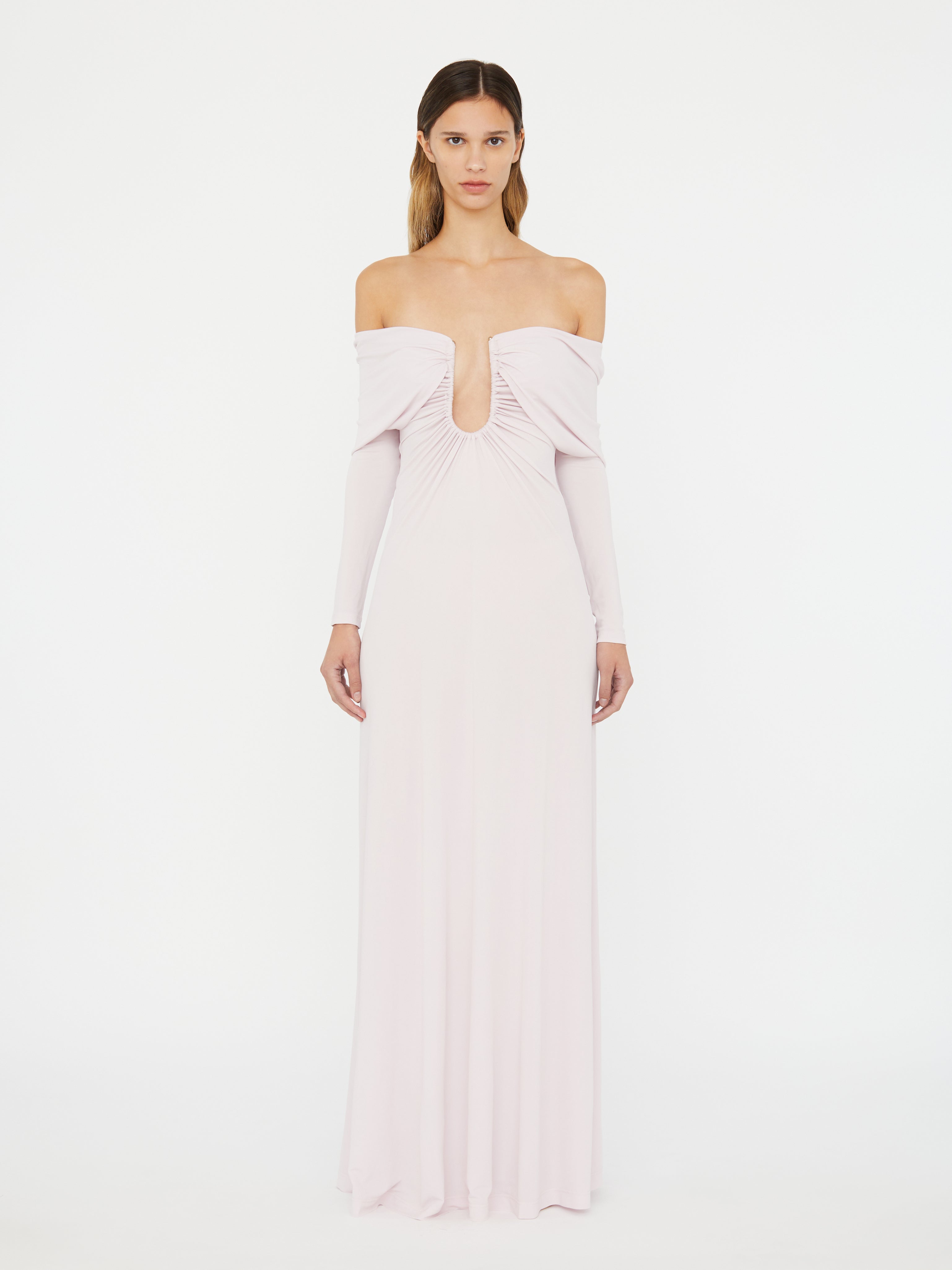 Arced Palm Strapless Shawl Gown