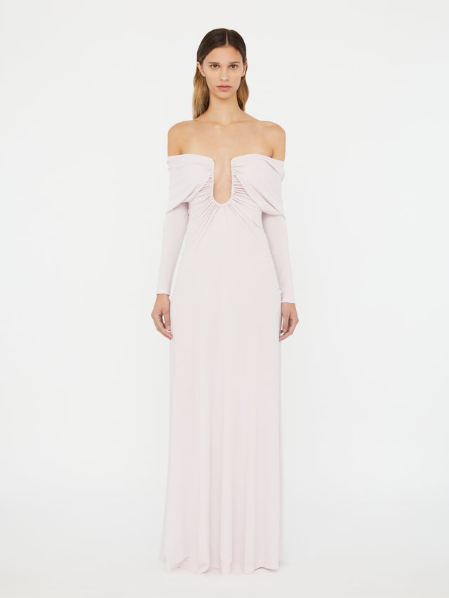 Arced Palm Strapless Shawl Gown