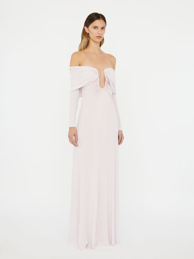 Arced Palm Strapless Shawl Gown