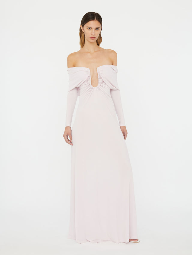 Arced Palm Strapless Shawl Gown