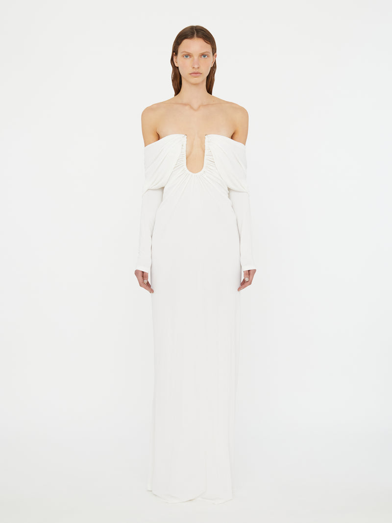 Arced Palm Strapless Shawl Gown