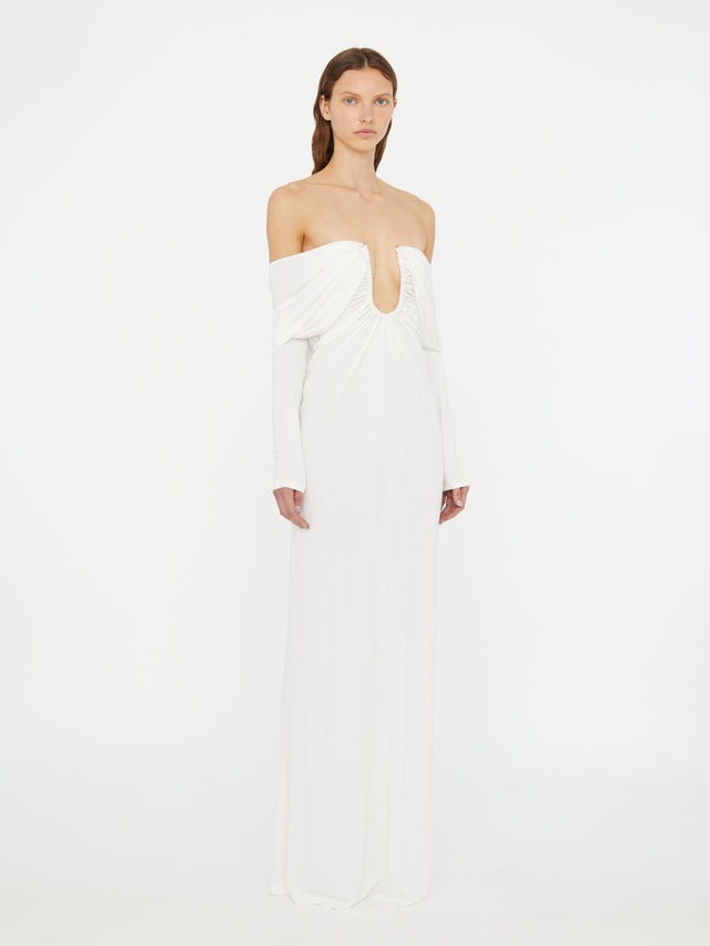 Arced Palm Strapless Shawl Gown