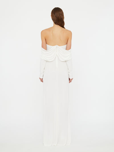 Arced Palm Strapless Shawl Gown