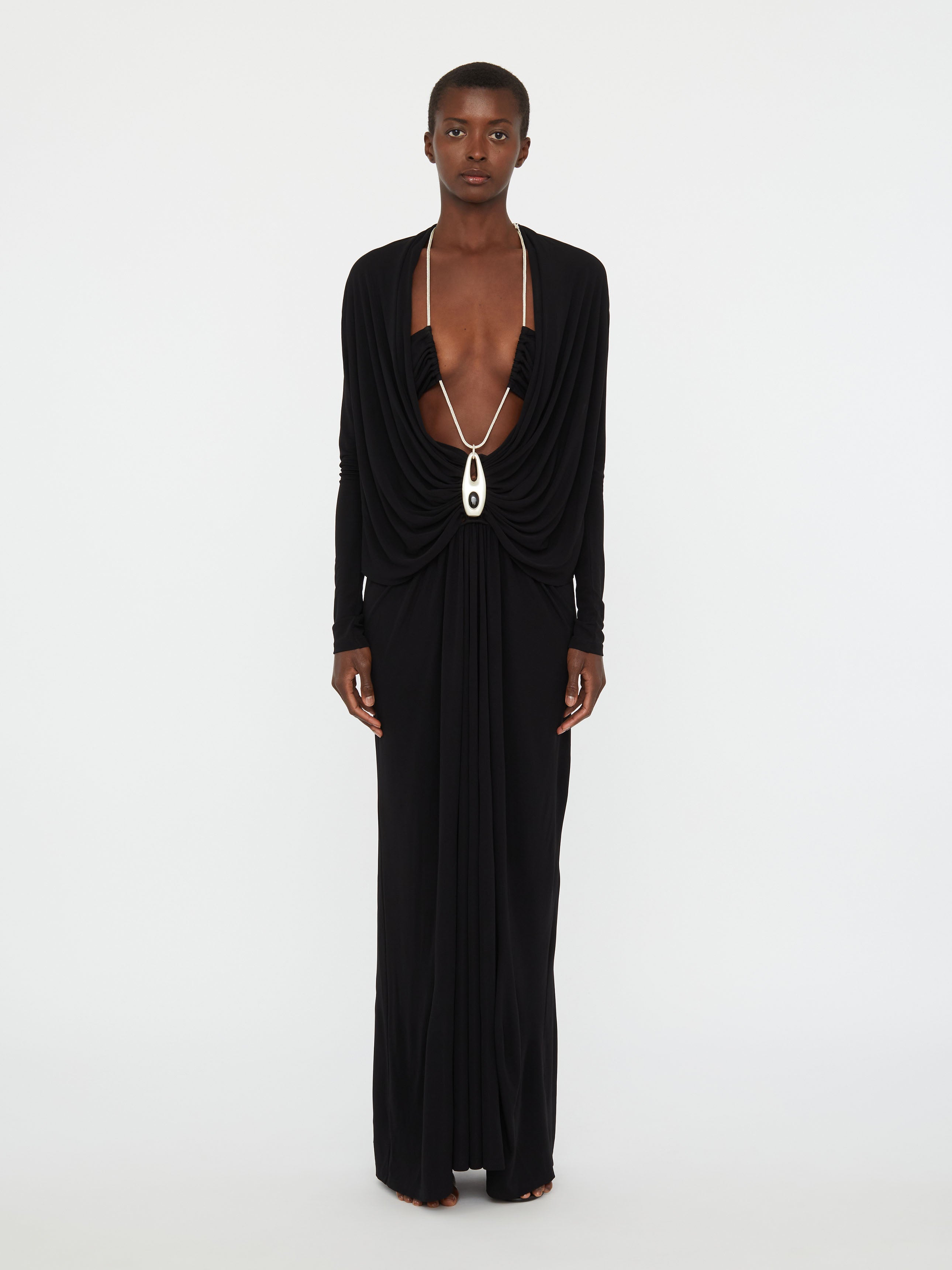 Lavalliere Draped Jersey Long Sleeve Dress