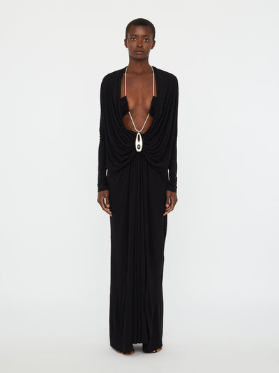 Lavalliere Draped Jersey Long Sleeve Dress