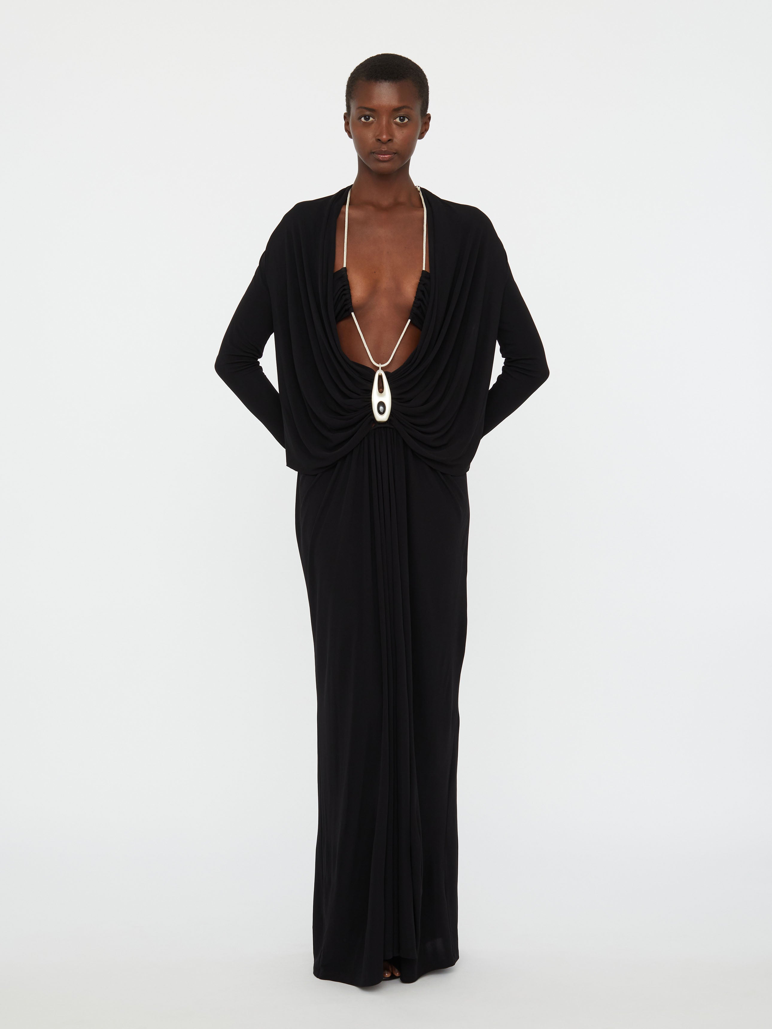 Lavalliere Draped Jersey Long Sleeve Dress