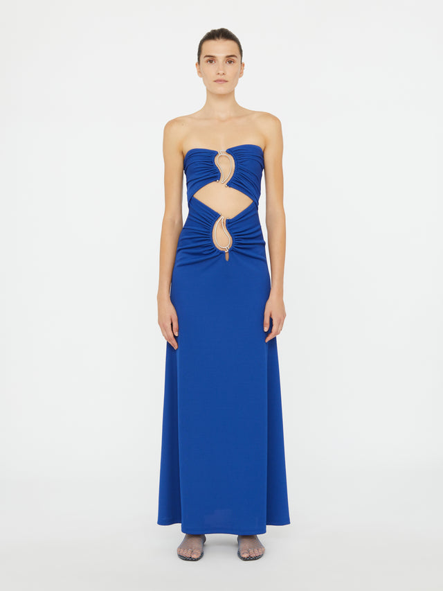 Paisley Ruched Disconnect Strapless Dress