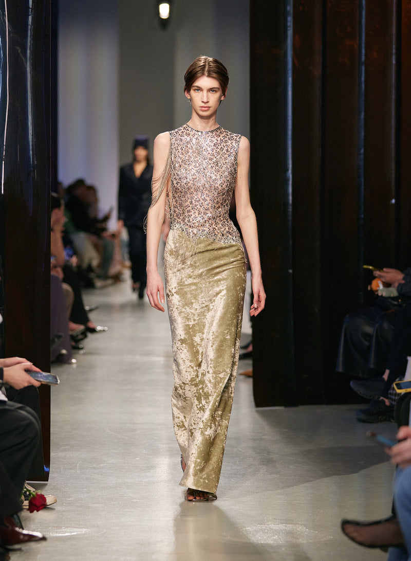 Swept Chain Lace Velvet Column Gown - Image 1