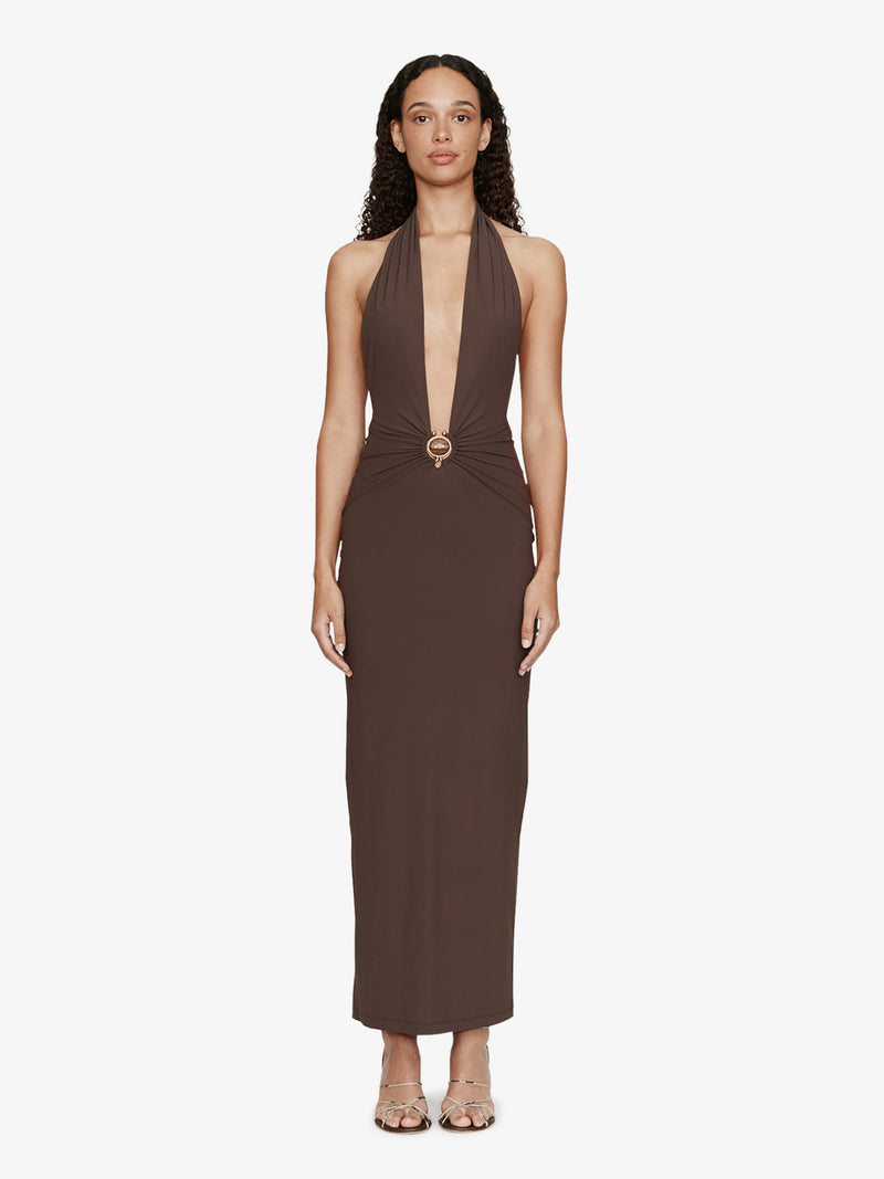 Mineral Stone Ruched Halter Lycra Dress - Image 1