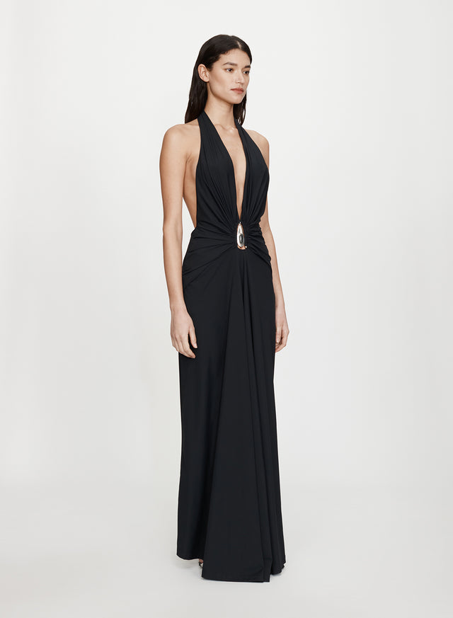 Crystal Pendant Ruched Lycra Halter Dress