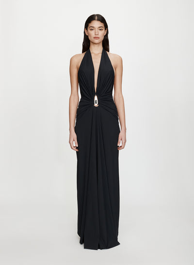 Crystal Pendant Ruched Lycra Halter Dress