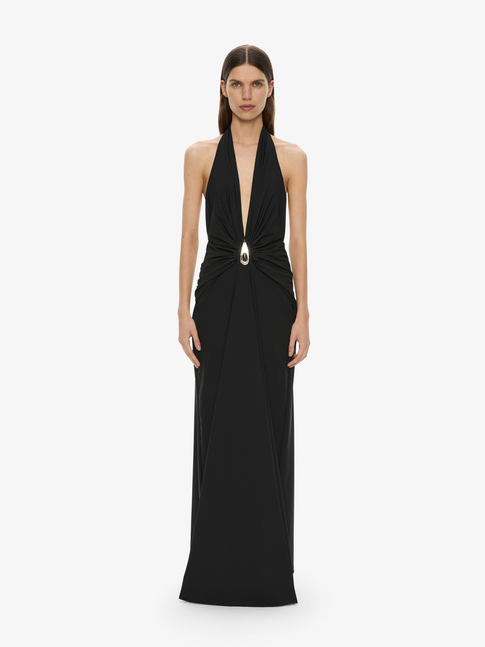 Crystal Pendant Ruched Lycra Halter Dress