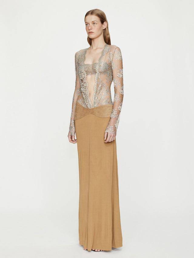 Christopher Esber Spienne Lace Suede Belted Jersey Gown in Size 10 Christopher Esber Spienne Lace Suede Belted Jersey Gown in Size 10