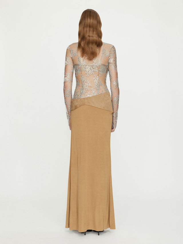 Sèpienne Lace Suede Belted Jersey Gown