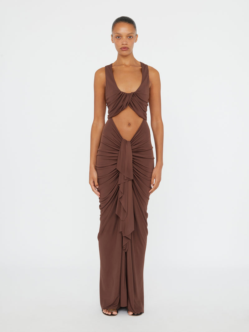 christopher esber brown dress Christopher Esber Shibari Jersey Ruched Tee Dress