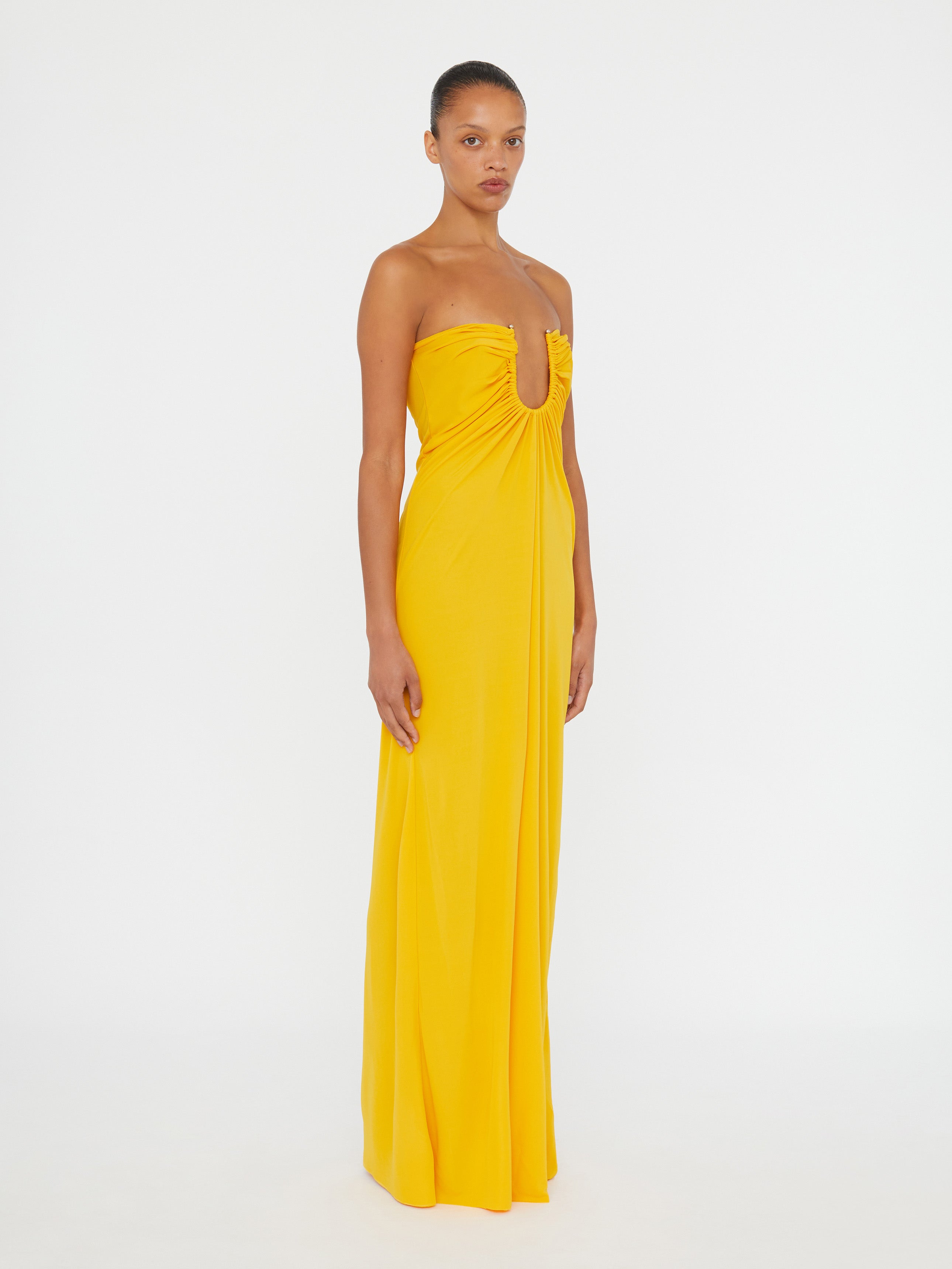 Arced Palm Strapless Dress