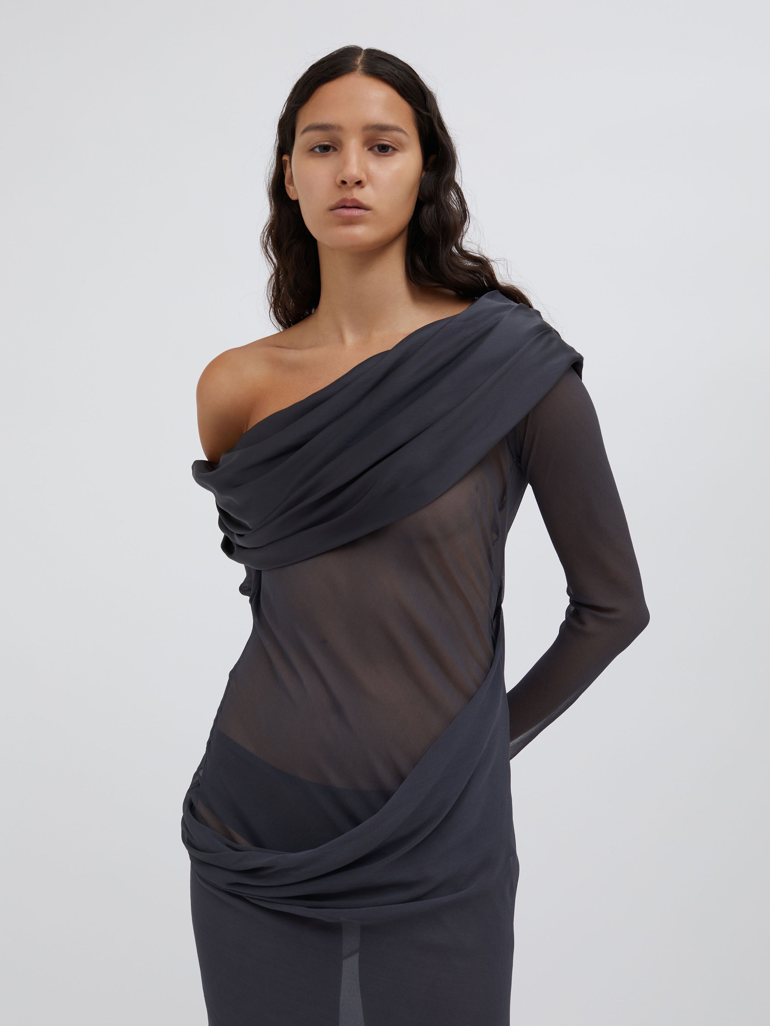 Silk Draped Shawl Dress