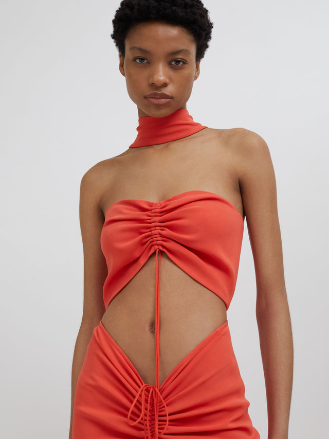 Reversed Halter Disconnect Ruched Dress