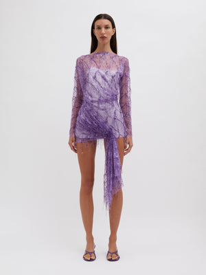 Christopher Esber | Encased Beaded Ivy Lace Long Sleeve Mini Dress Grape