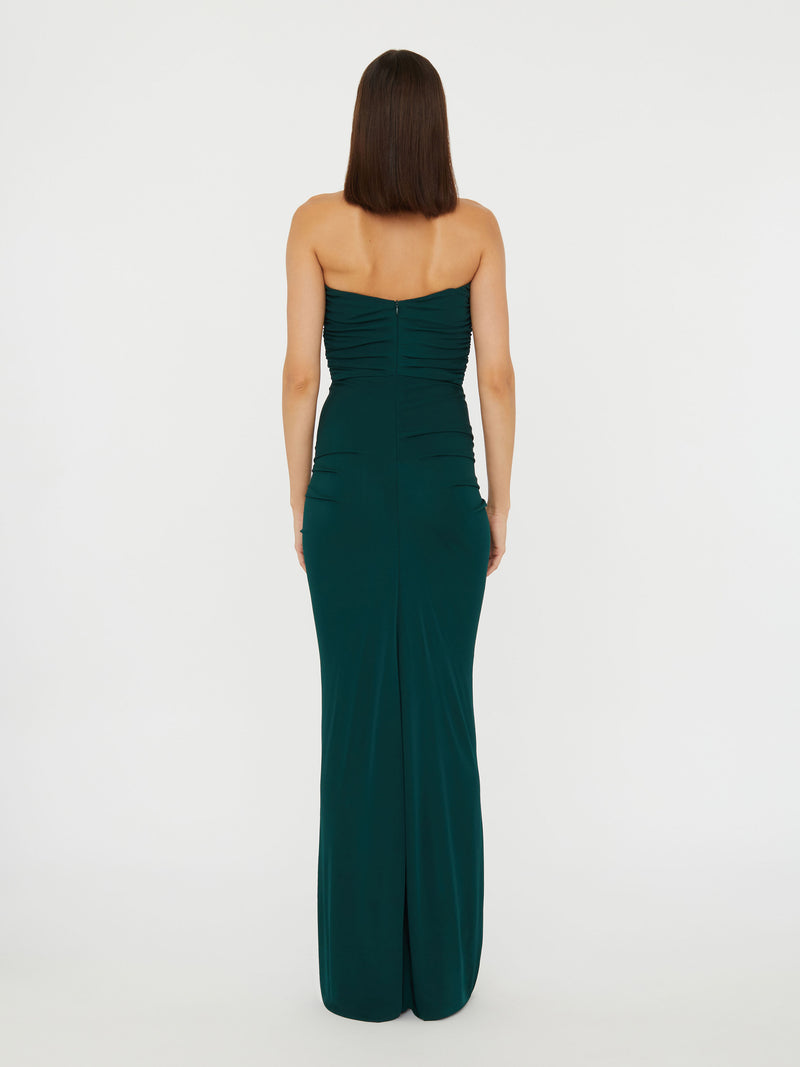 emerald green bandeau folded detail extreme split maxi dress Leg With Scarf In | EGO US this maxi dress ensures a graceful movement NOVA Wrap Spaghetti Straps Bridesmaids