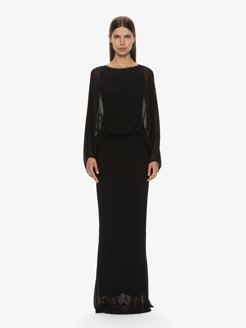 Lattice Lace Silk Blouson Long Dress - Image 1